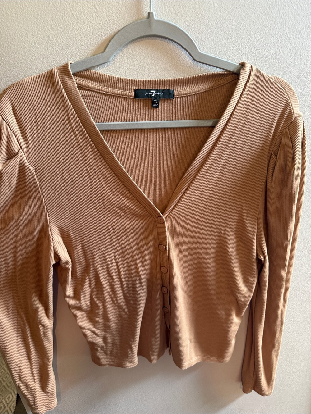 7 For All Mankind Tan Ribbed Button-Front Cardigan